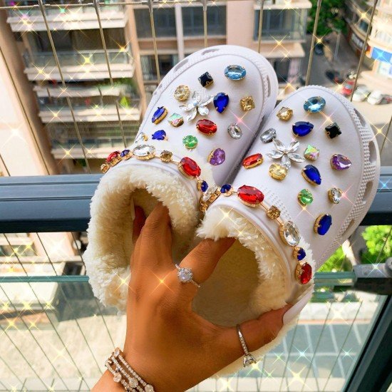  Plush Rhinestone White Spring Slippers For Women