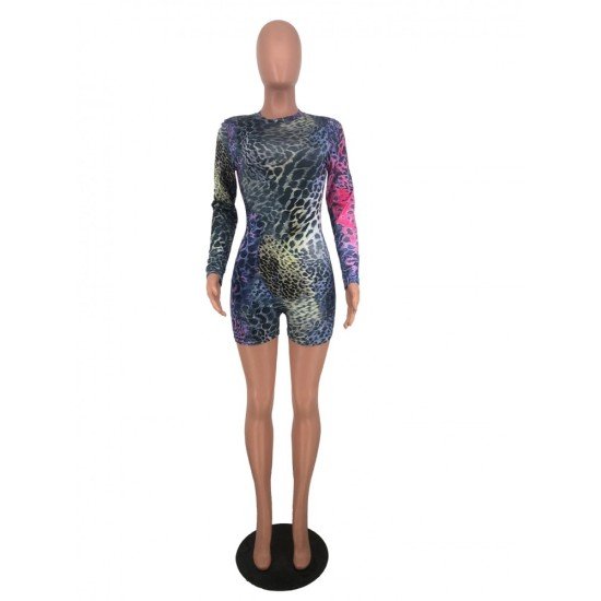 Leopard Skinny Long Sleeve Multicolored Short Rompers