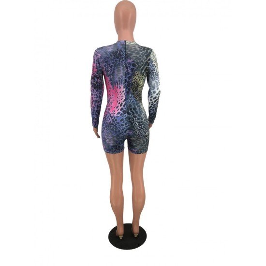 Leopard Skinny Long Sleeve Multicolored Short Rompers