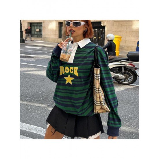  Loose Casual Letter Printing Striped Women's Sweater