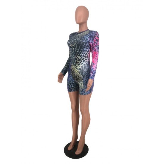 Leopard Skinny Long Sleeve Multicolored Short Rompers