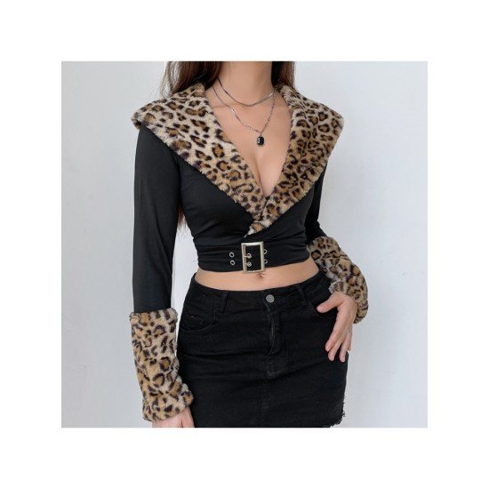 Leopard Patchwork Black Low Cut Crop Tops