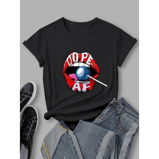 Lip Letter Candy Graphic Summer Black T Shirts