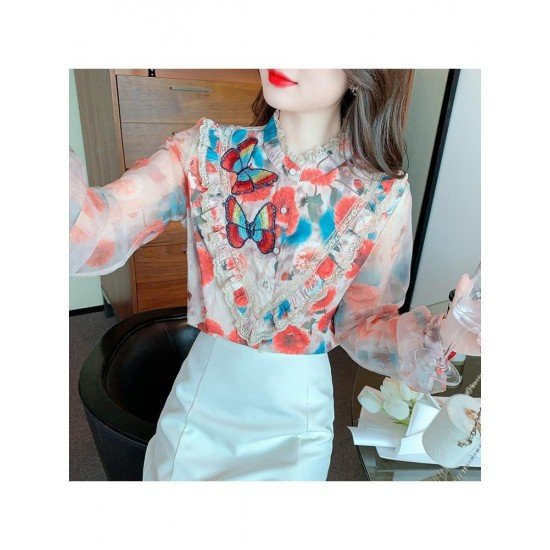  2022 Autumn Butterfly Embroidery Chiffon Shirt