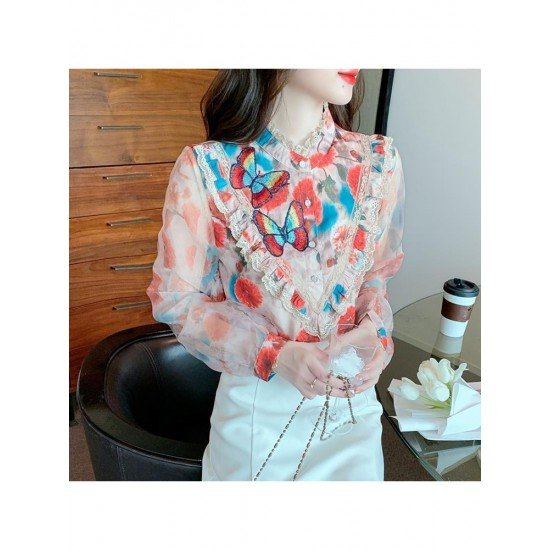  2022 Autumn Butterfly Embroidery Chiffon Shirt