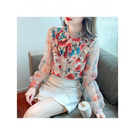  2022 Autumn Butterfly Embroidery Chiffon Shirt