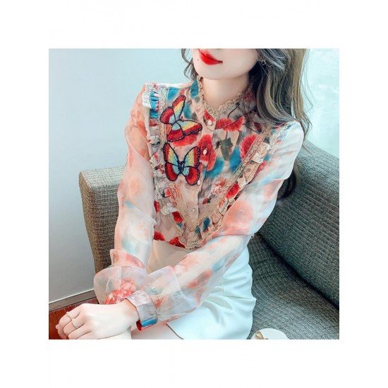  2022 Autumn Butterfly Embroidery Chiffon Shirt