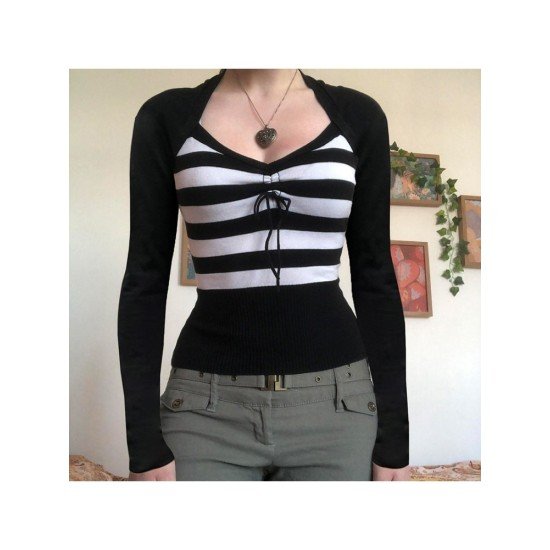 New Patchwork Black Striped Long Sleeve Tops