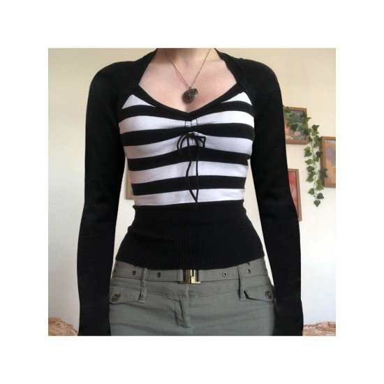 New Patchwork Black Striped Long Sleeve Tops