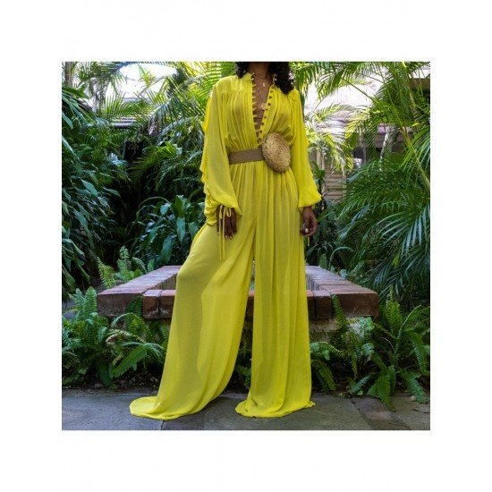  Pure Color See Through Women's Long Sleeve Jumpsuit