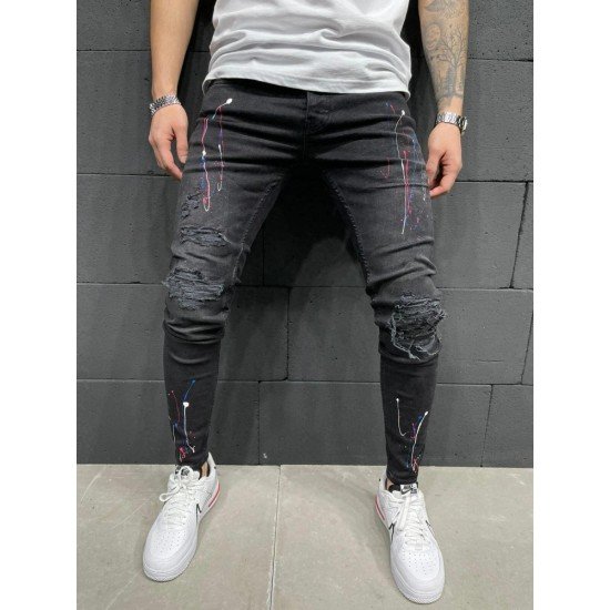 Printed Black Ripped Pencil Jeans For Men