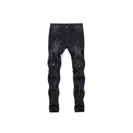 Printed Black Ripped Pencil Jeans For Men