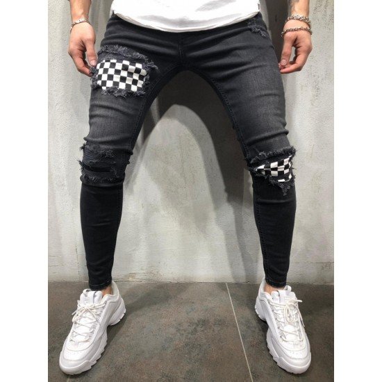  Fashion Plaid Patch Men's Denim Jeans