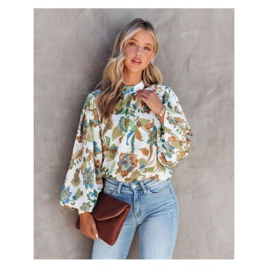  2022 Standing Collar Lantern Sleeve Printing Women's Shirt