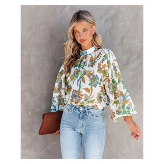  2022 Standing Collar Lantern Sleeve Printing Women's Shirt