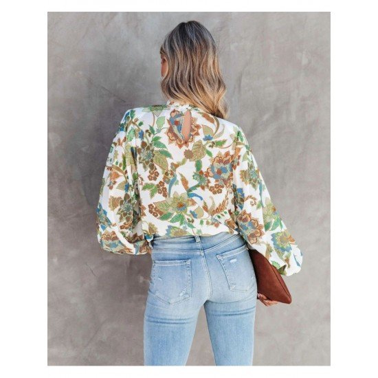  2022 Standing Collar Lantern Sleeve Printing Women's Shirt