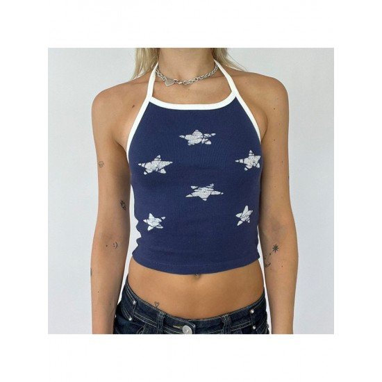 Summer Casual Star Printed Halter Neck Tank Tops