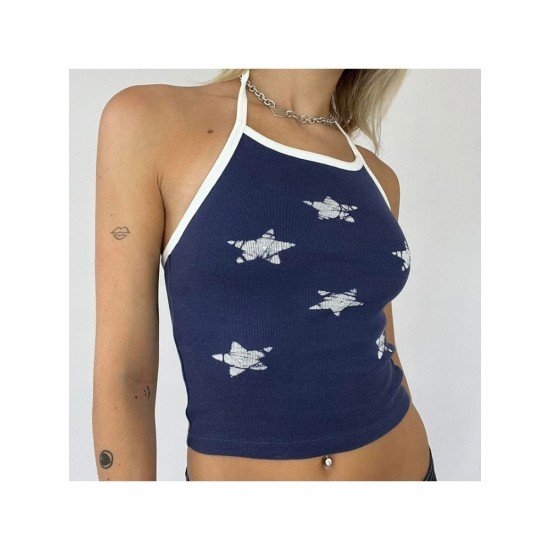 Summer Casual Star Printed Halter Neck Tank Tops