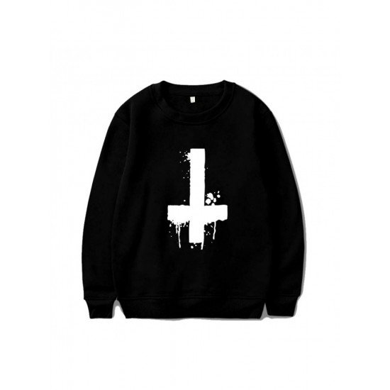 Black Printed Long Sleeve Men Sweatshirt Tops