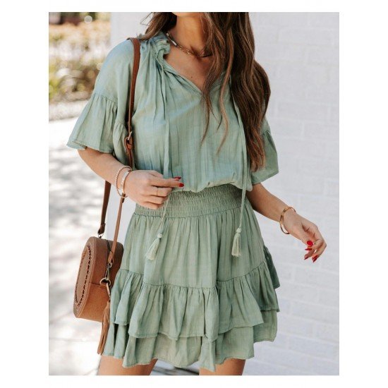  Pure Color Ruffle Women's Short Sleeve Dress