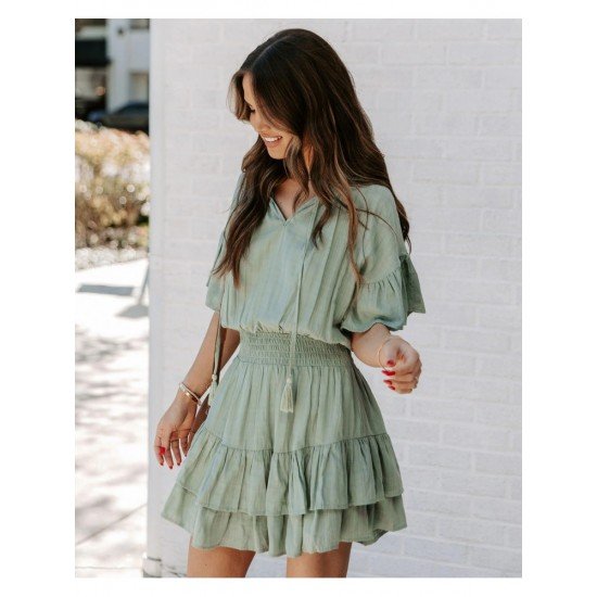  Pure Color Ruffle Women's Short Sleeve Dress