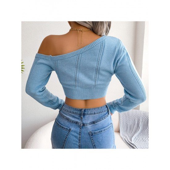 Simple Inclined Shoulder Solid Cropped Sweaters