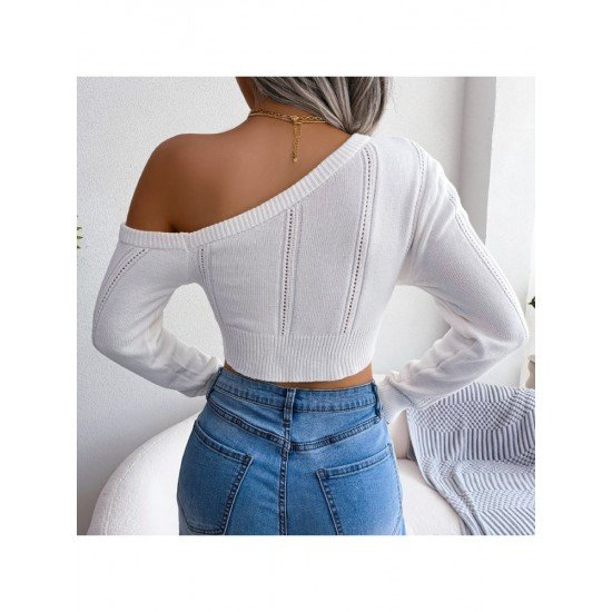 Simple Inclined Shoulder Solid Cropped Sweaters