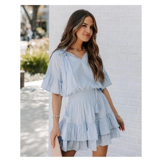  Pure Color Ruffle Women's Short Sleeve Dress