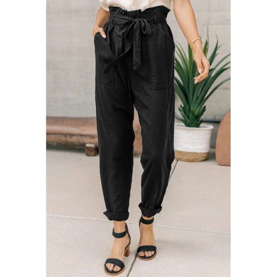  Women's Casual Pure Color Lace Up Pants