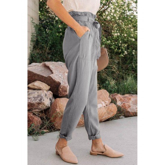  Women's Casual Pure Color Lace Up Pants