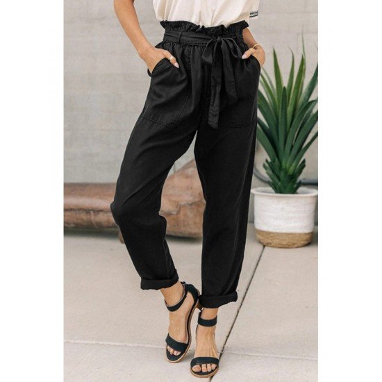  Women's Casual Pure Color Lace Up Pants