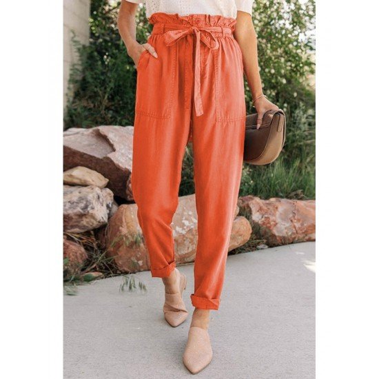  Women's Casual Pure Color Lace Up Pants