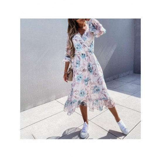 V Neck Ruffles Printed Vacation Fall Dresses