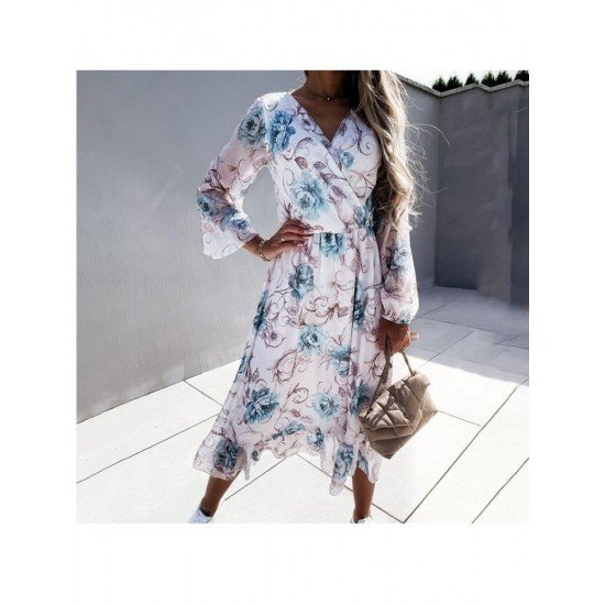 V Neck Ruffles Printed Vacation Fall Dresses