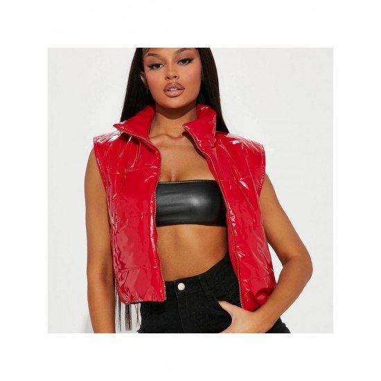 Street Solid Red Sleeveless Leather Down Coats