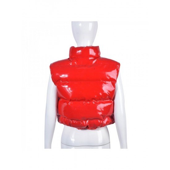 Street Solid Red Sleeveless Leather Down Coats