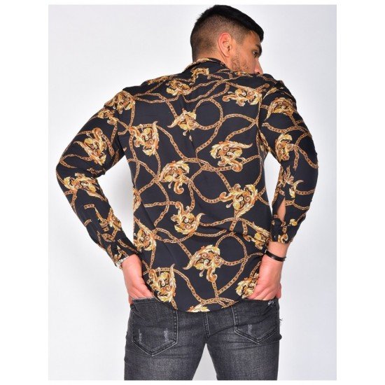 Casual Chain Printed Stand Collar Long Sleeve Men Shirts