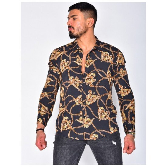 Casual Chain Printed Stand Collar Long Sleeve Men Shirts