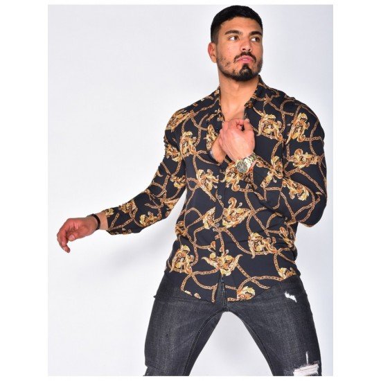 Casual Chain Printed Stand Collar Long Sleeve Men Shirts