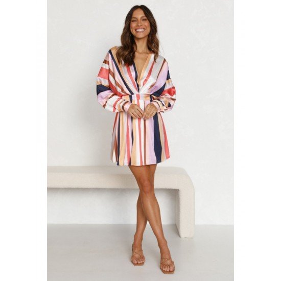 Striped V Neck Loose Long Sleeve Short Dress