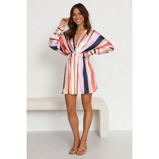 Striped V Neck Loose Long Sleeve Short Dress