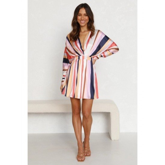 Striped V Neck Loose Long Sleeve Short Dress