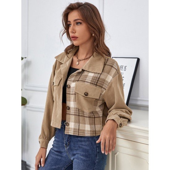  Casual Corduroy Plaid Long Sleeve Coats