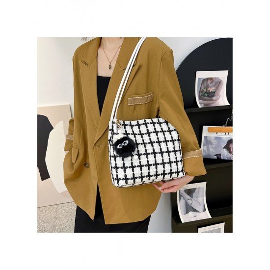  Canvas Contrast Color Grid Pendant Tote Bags