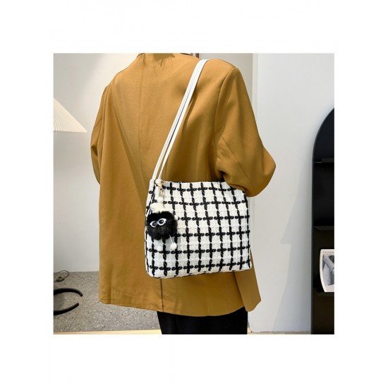  Canvas Contrast Color Grid Pendant Tote Bags