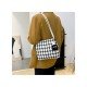  Canvas Contrast Color Grid Pendant Tote Bags