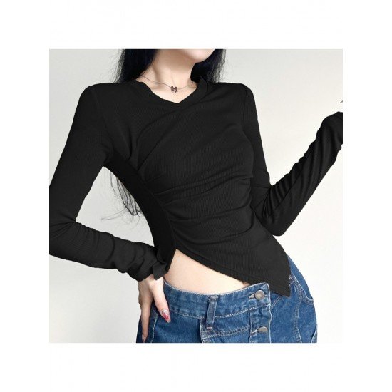 Asymmetry Black V Neck Fitted T Shirts