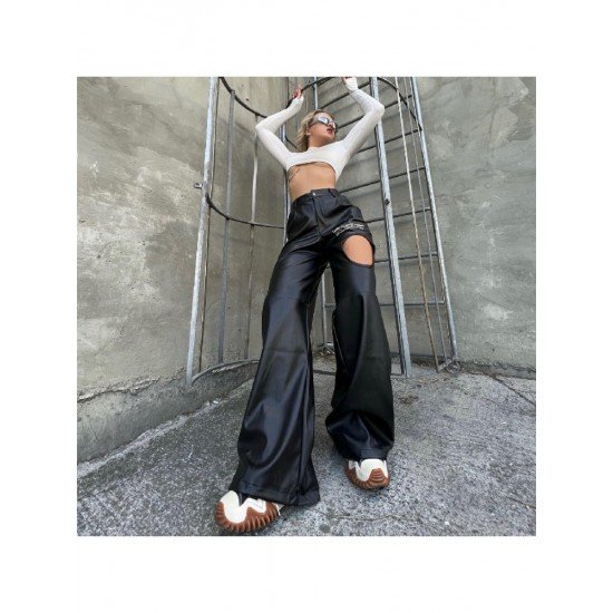 Black Hole Leather Loose Straight Leg Pants