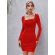 Fall Solid Square Neck Long Sleeve Bodycon Dress