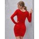 Fall Solid Square Neck Long Sleeve Bodycon Dress